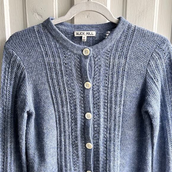 Alex Mill Faye Pointelle Crop Cardigan in Frost Blue Wool Mohair - Picture 3 of 8